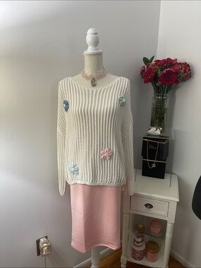 Love Knits Cream Open-Knit Crochet Top with Pastel Flower Appliqués